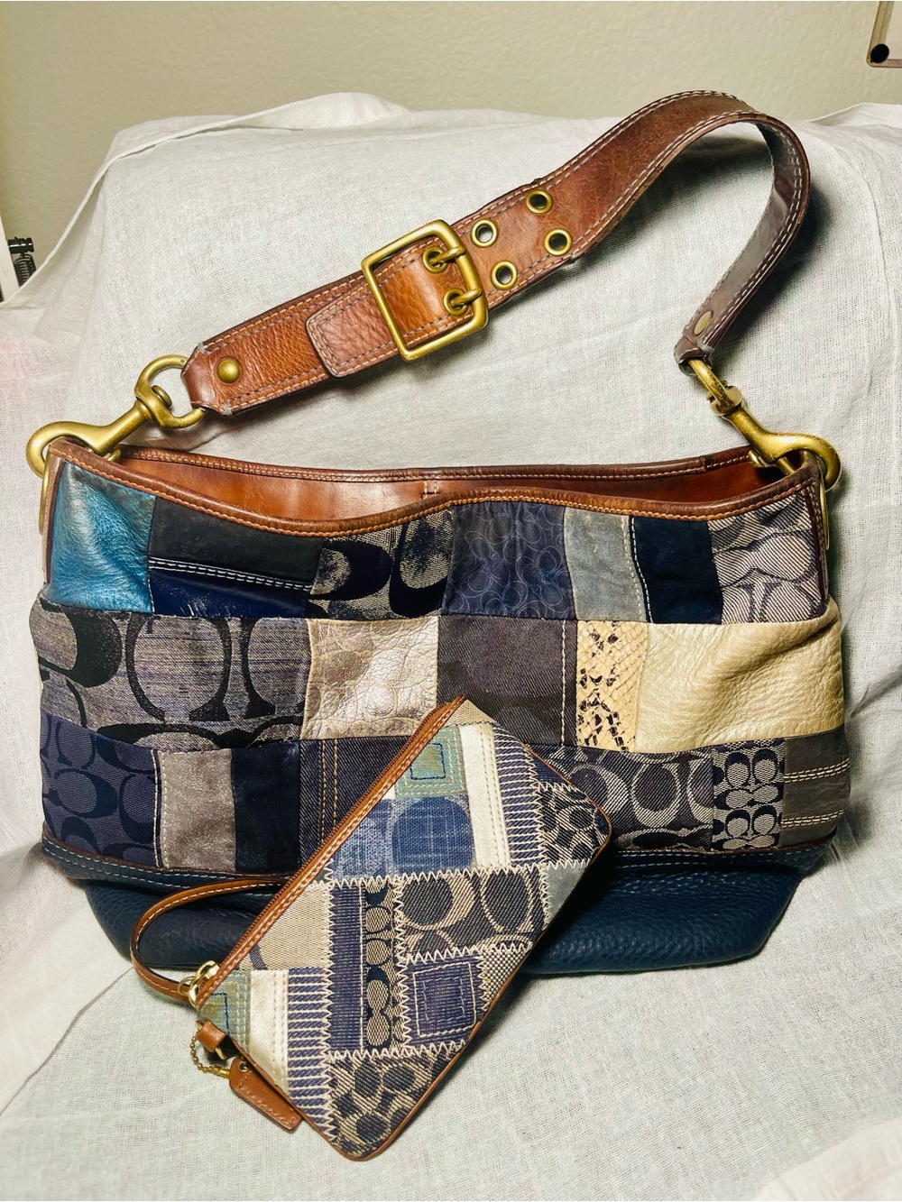 VTG Y2K Coach Denim Patchwork Ergo Hobo Bag & Matching Wristlet Set